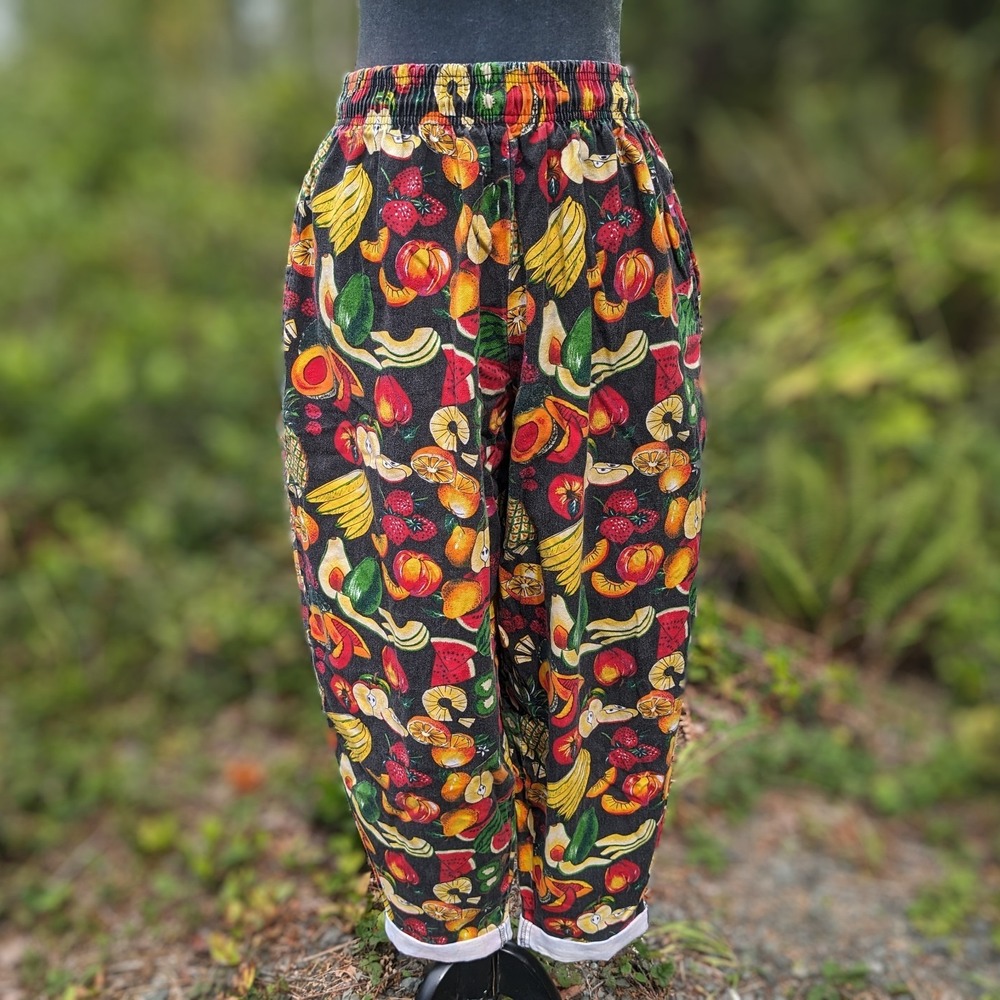 Vintage Fruit Print Wide Leg Harem Pants S/M Cotton Pull On Barrel Novelty Retro